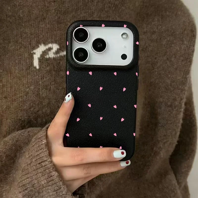 For IPhone18 Phone Case For IPhone 18 17 16 15 14 13 12 Pro Max Plus Air Litchi Texture Back Pink Heart Soft TPU Cover