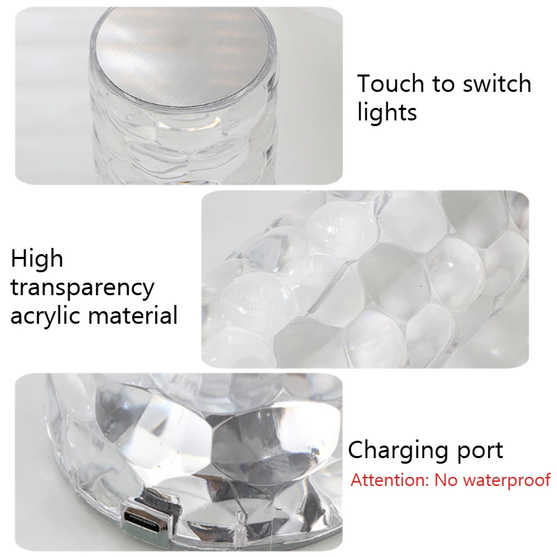 ไฟกลางคืน LED ปรับความสว่างได้ 16/3 สี รุ่นคริสตัลเพชร สร้างบรรยากาศ โคมไฟตั้งโต๊ะแบบสัมผัส ชาร์จ USB สำหรับตกแต่งห้องนอน