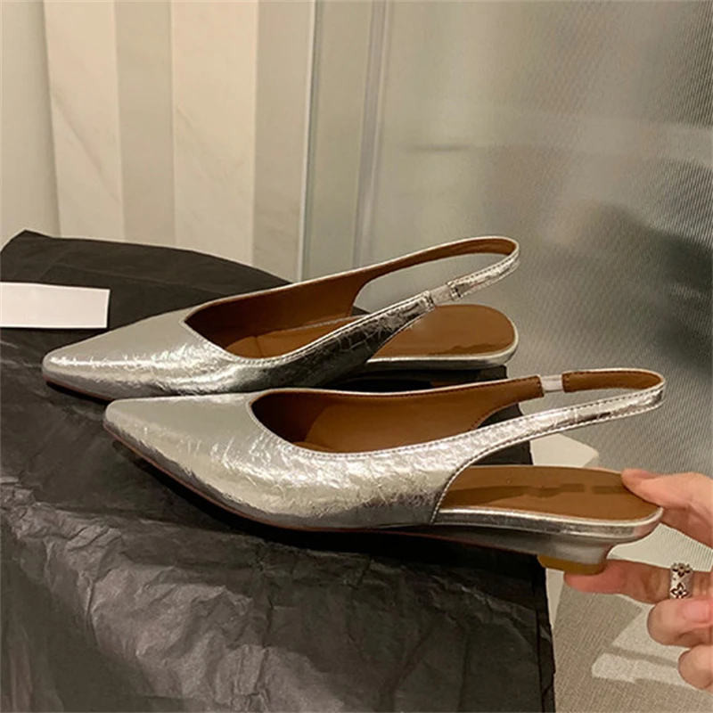 

Aneikeh Fashion Women Slingback Pointed Toe Wedges Low Heel Sandals Elegant Backless Patent Leather Slip-on Party Dress Shoes
