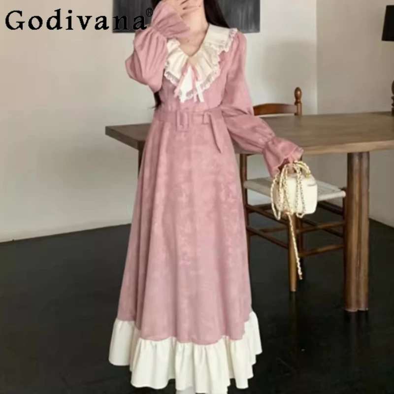 

Large Size Temperament French Pink High Waist A-line V-neck Dress Women Winter Gentle Lace Elegant Long Sleeve Korean Dresses
