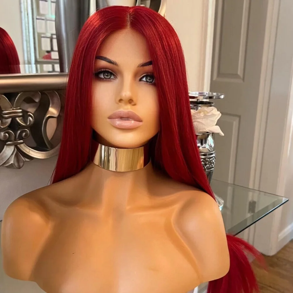 

Long Soft 26" 180Density Red Silky Straight Lace Front Wig For Women BabyHair Heat Resistant Preplucked Glueless Wigs Fashion