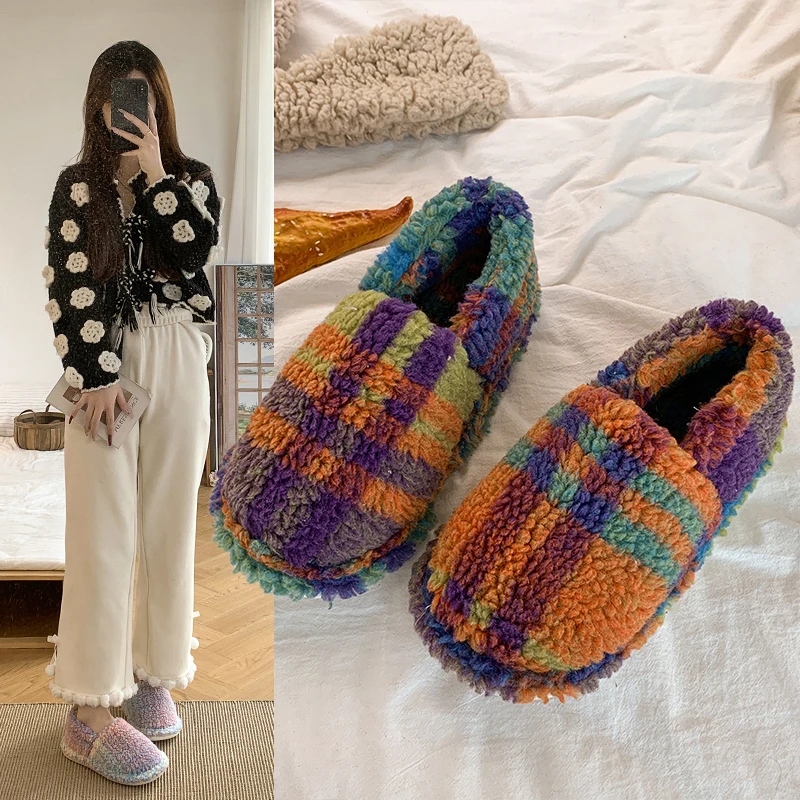 Winter Women mixed color Striped Fluffy Fur Warm ankle boots Fashion Comfortable Plush Slides Soft Sole Home Shoes Female