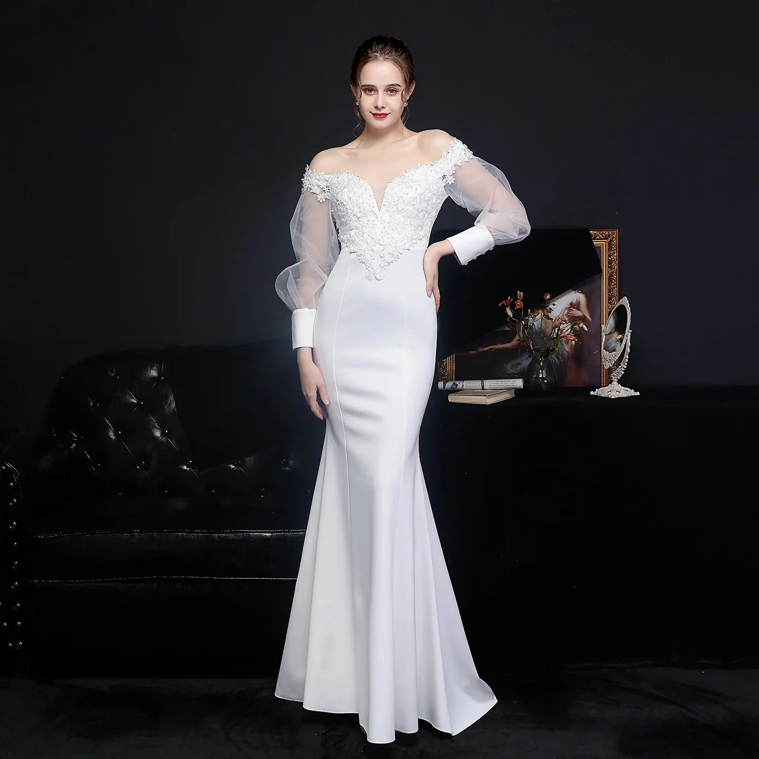 

Evening Dress White Appliques Beads Off the Shoulder Zipper Back Mermaid Trumpet Floor Length Slit Women Party Formal Gown YE147