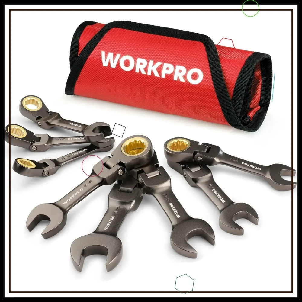 Juego de llaves de trinquete rechonchas con cabeza flexible de 8 piezas, SAE 5/16-3/4 pulgadas, 72 dientes, niquelado con bolsa rodante