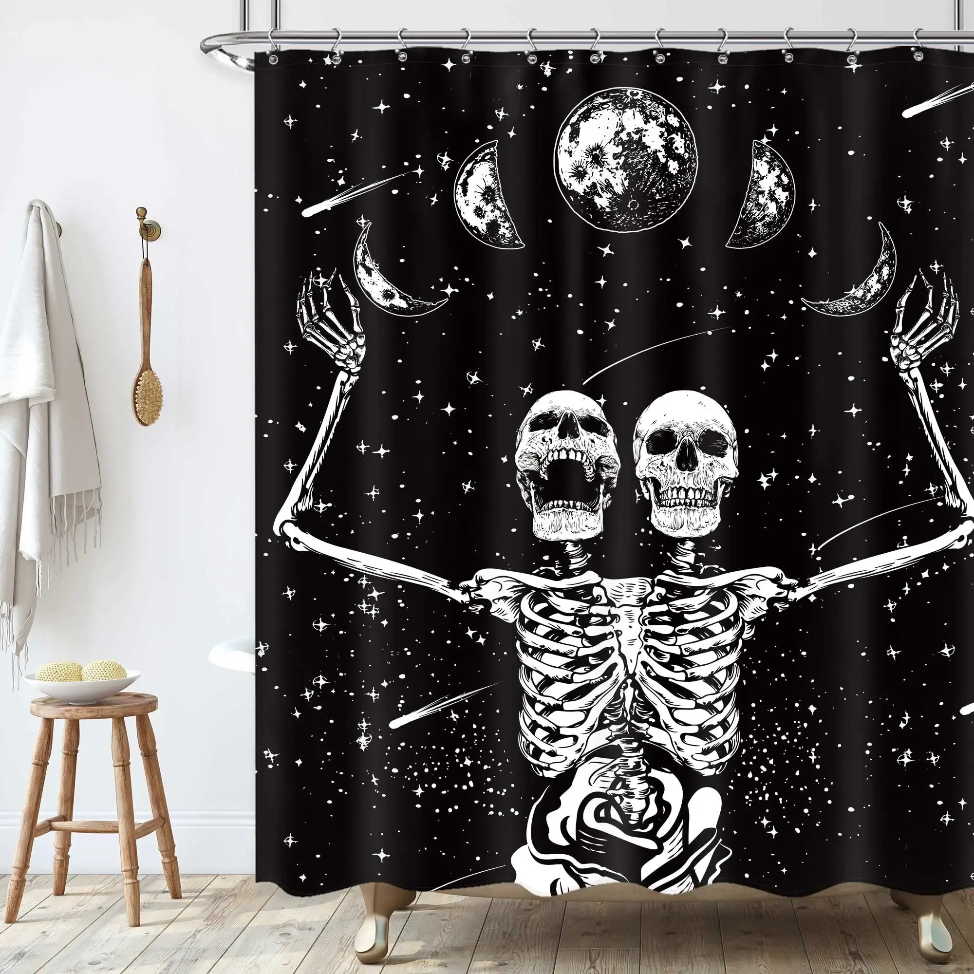 Skull Skeleton Moonlit Shower Curtain Gothic Black White Sugar Spooky Halloween Shower Curtains for Bathroom Bathtub Decor Set