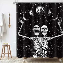 Skull Skeleton Moonlit Shower Curtain Gothic Black White Sugar Spooky Halloween Shower Curtains for Bathroom Bathtub Decor Set
