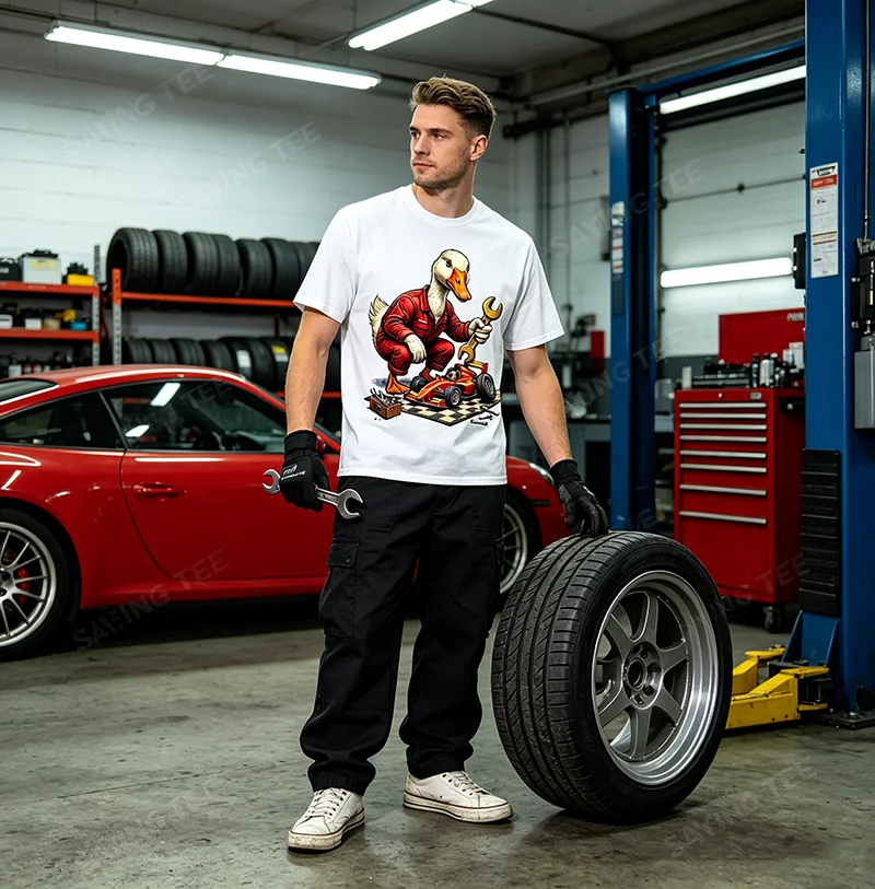 Silly Goose Race Car Pit Stop Grafik-T-Shirt Y2k Silly Goose Art Herrenbekleidung Ausgefallener Humor Racing Mechanic Neuheitsbekleidung – Detail 3