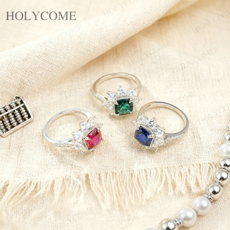 Custom Ring Cushion 8x8mm Lab Grown Sapphire Ruby Green VVS1 925 Sterling Silver Sparkling For Christmas Party Jewelry Gifts
