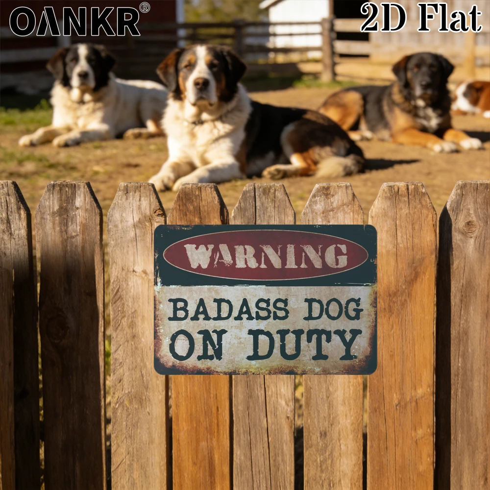 Warning Poster Badass Dog On Duty Metal Tin Sign Funny Wall Art for Yard Fence Home Farmhouse Outdoor Gate Entrance Plaque