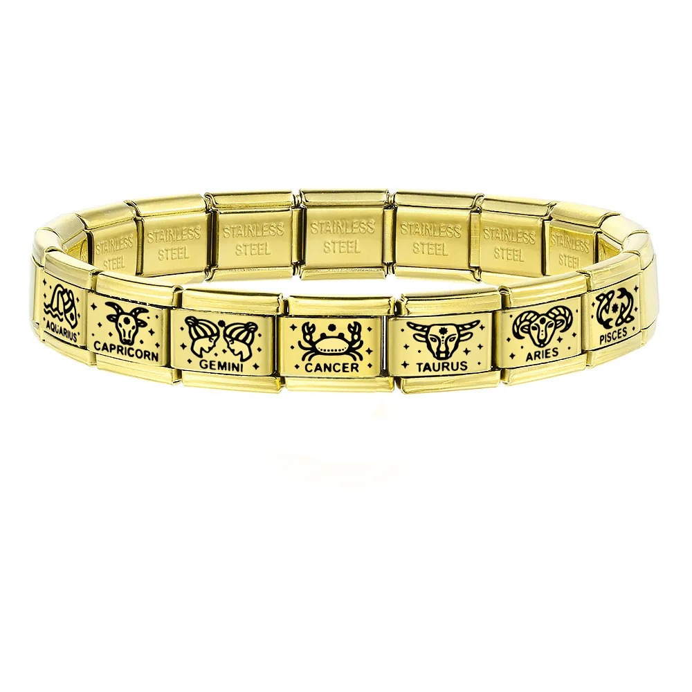 URING Klassische goldfarbene Laser-Charms mit 12 Sternbildern, italienische Passform für 9-mm-Armbänder, Edelstahl, DIY-Schmuckherstellung, Perlen – Detail 2