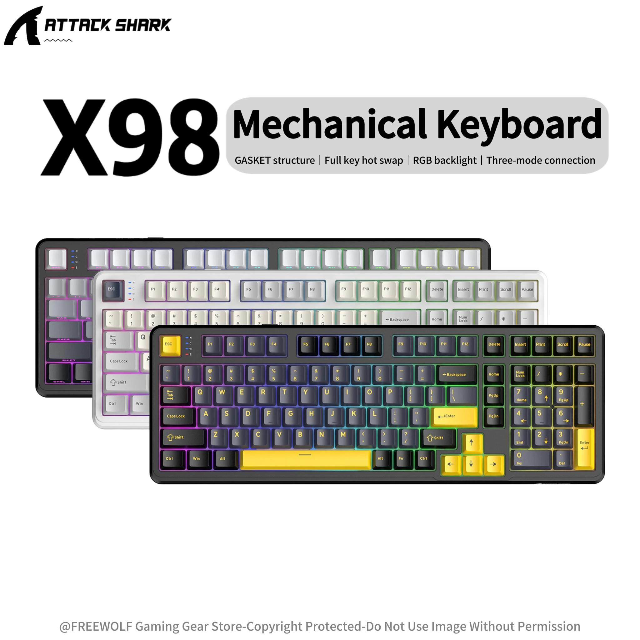 

Беспроводная механическая клавиатура X98 Bluetooth, RGB-подсветка Attack Shark, конструкция Gasket, полностью сменные клавиши, аккумулятор 4000 мАч