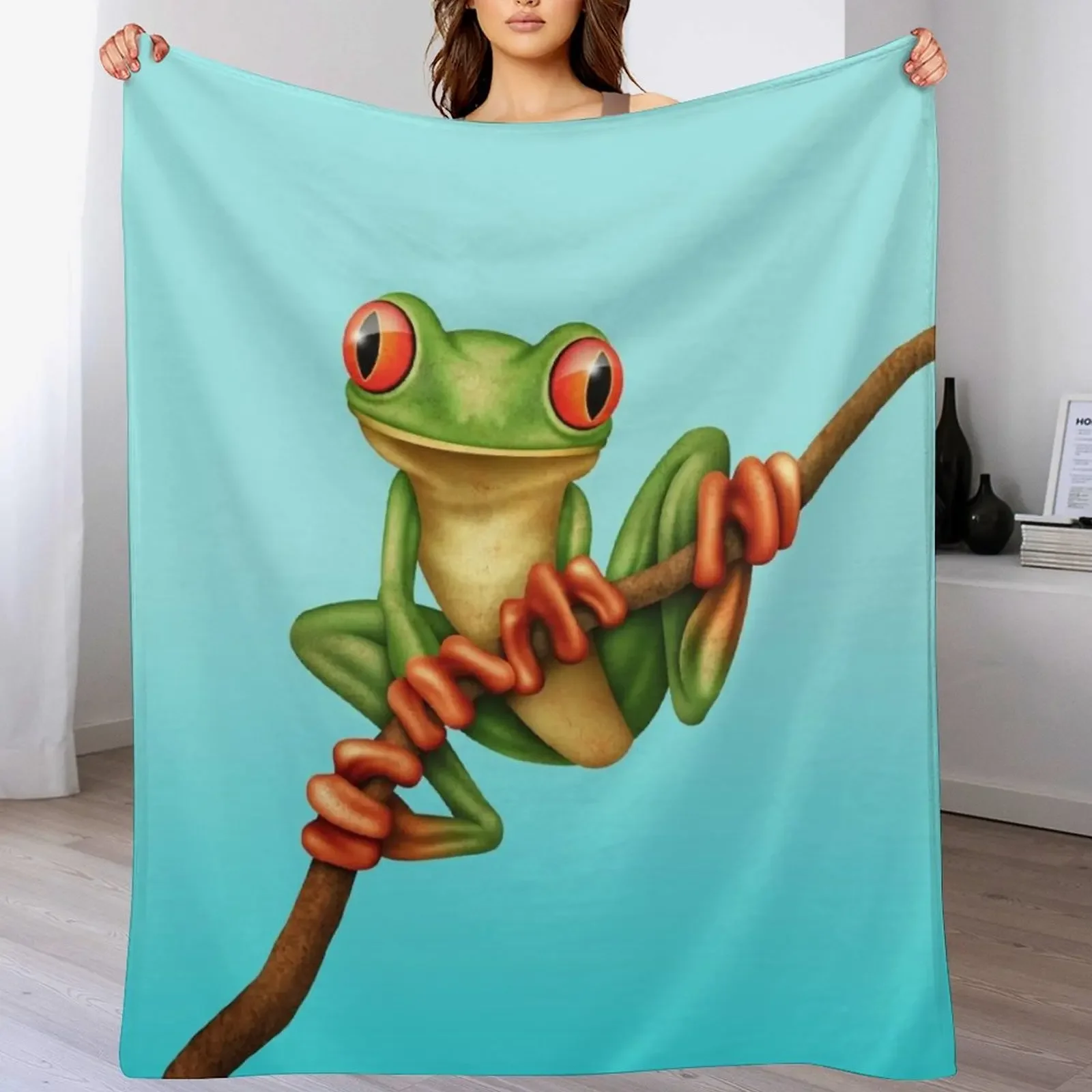 Cute Green Tree Frog on a Branch Throw Blanket Soft Comfort Blanket for Reading Watching TV