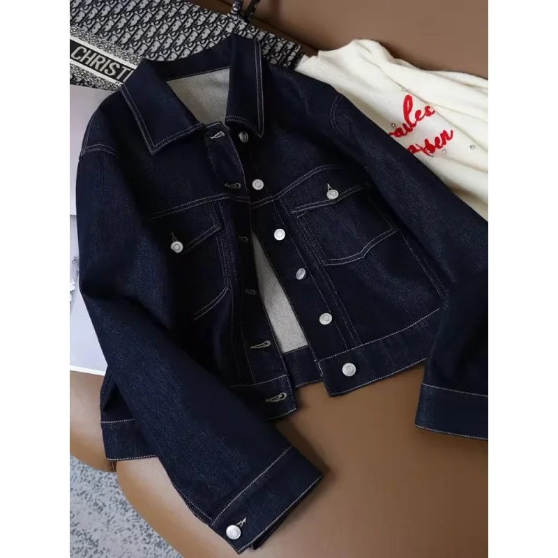 Retro Stitched Color Block Short Thin Denim Jacket for Women Spring Autumn Cotton Workwear Slimming 