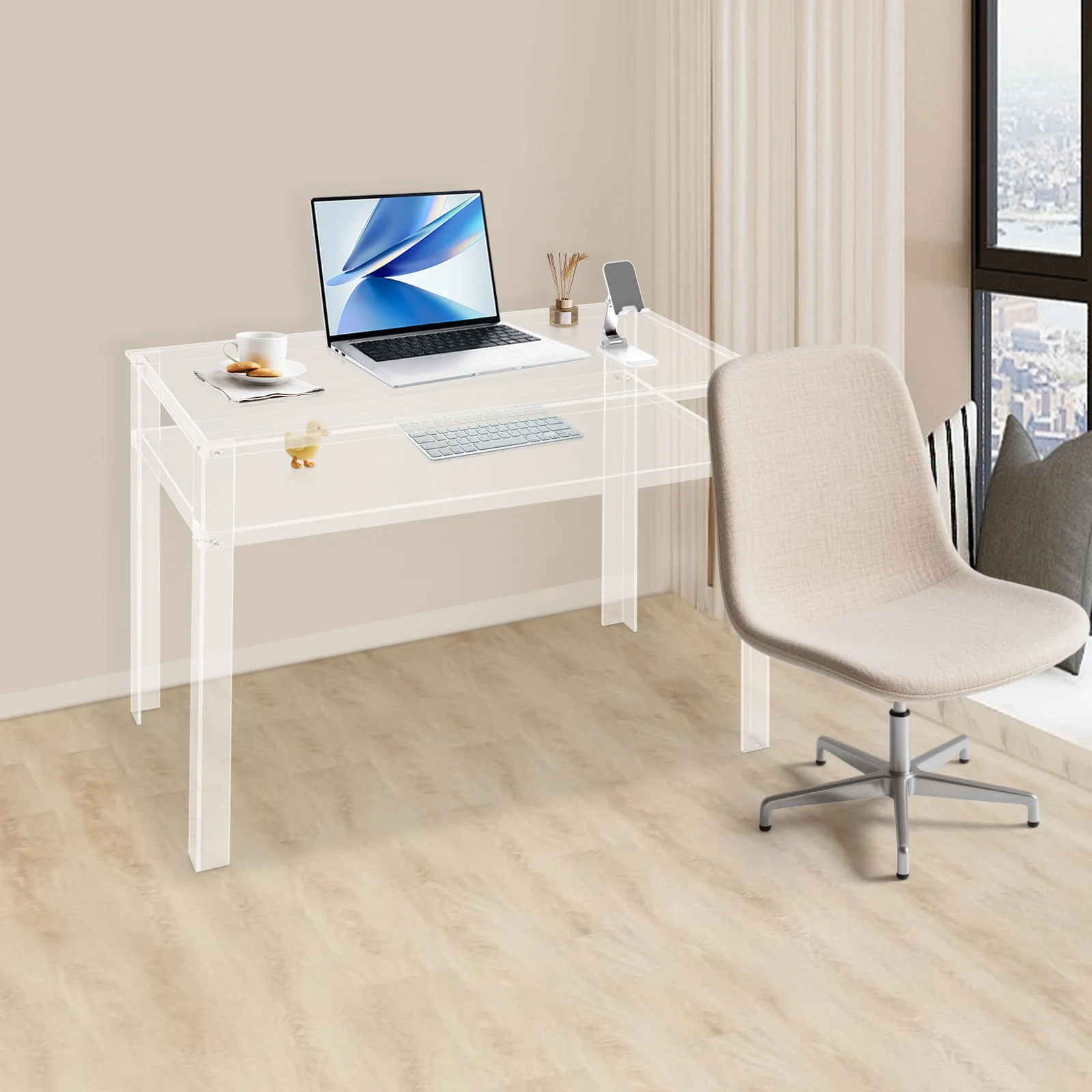 Moderner, transparenter, doppelschichtiger Bürotisch aus Acryl mit großer Arbeitsplatte und vorgebohrten Löchern für Schlafzimmer, Arbeitszimmer und Hotels – Detail 2