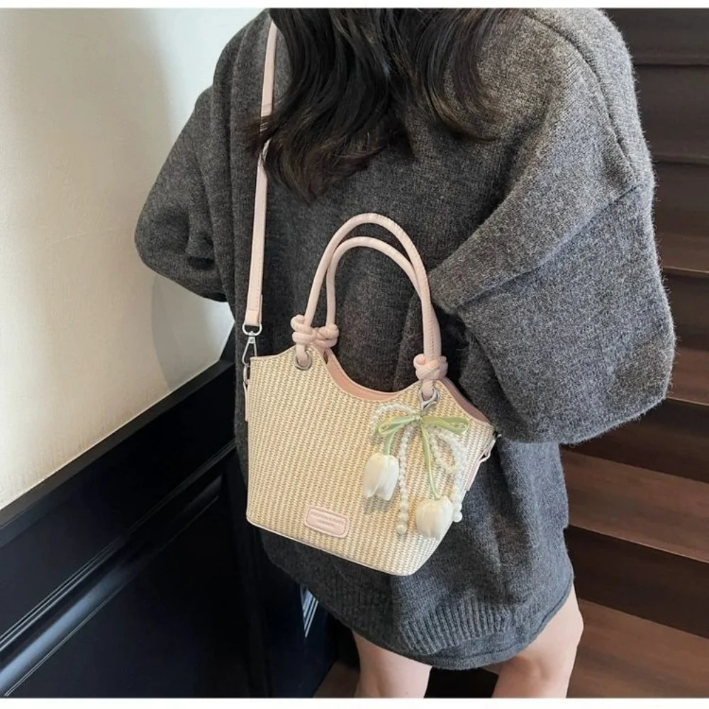

Women Beach Handbag Woven Lightweight Adjustable Strap Casual Tote Bag Large Capacity Trendy Soft Zipper Shoulder Crossbody Bag