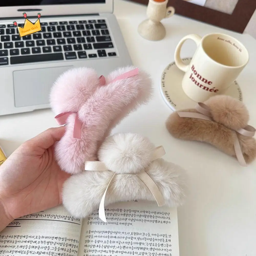 

Personalized Grab Clip Plush Hair Claw Cute Girl Headwear Bow Hair Clip Rabbit Fur Hair Accessories Bowknot Hairpin Female