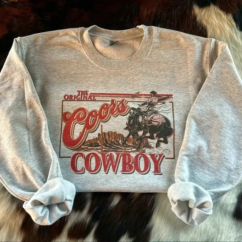 Autumn Vintage Style Cowboy Printing Crewneck Sweatshirt Unisex Loose Cotton Thick Warm Women Pullovers Casual Western Tops