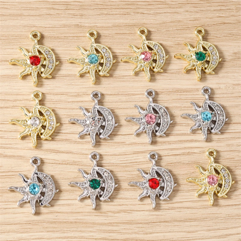 5 Stück, 17 x 20 mm, zarte Kristall-Metall-Anhänger in Form von Sonne und Mond, zum Basteln von Schmuck, Halsketten, Ohrringen, Armbändern und für DIY-Bastelarbeiten. – Detail 2