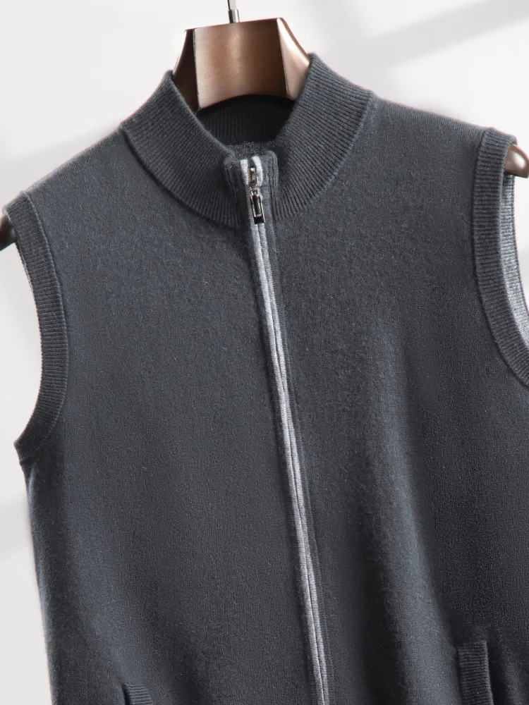 Luxury New Men's 100% Cashmere Waistcoat Sleeveless Zipper Cardigan Vest Autumn Winter Mockneck Sweater Thick warm Knitwear Tops