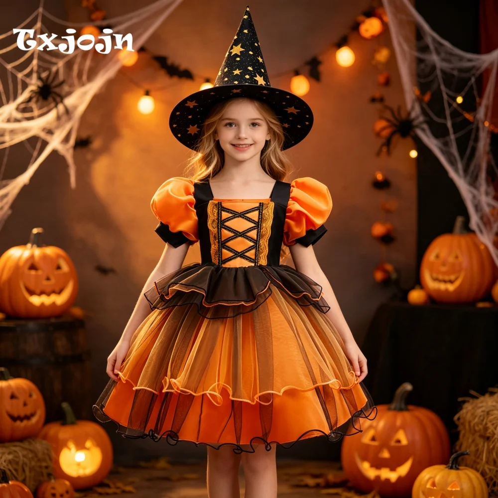 Halloween Girl's Dress with Free Hat 3-14 Years Old Girl's Layered Ruffled Fluffy Dress Puff Sleeve Mesh Dress Performance Dress