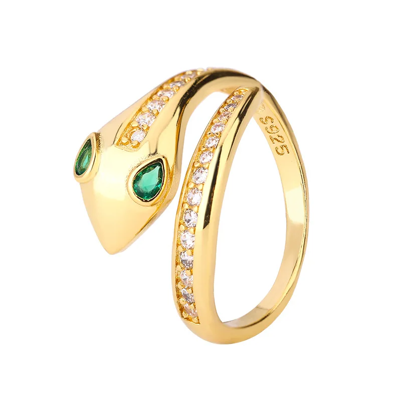 925 Sterling Silver Simple Green Eyes Crystal Snake Adjustable Finger Rings For Women Men Wedding Party Jewelry Gift