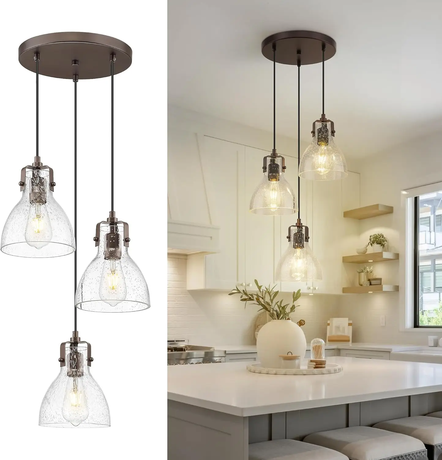 Emliviar 3-Light Cluster Chandelier, Triple Pendant Lamp Fixture With Seeded Glass, Ceiling Hanging Lighting For Kitchen