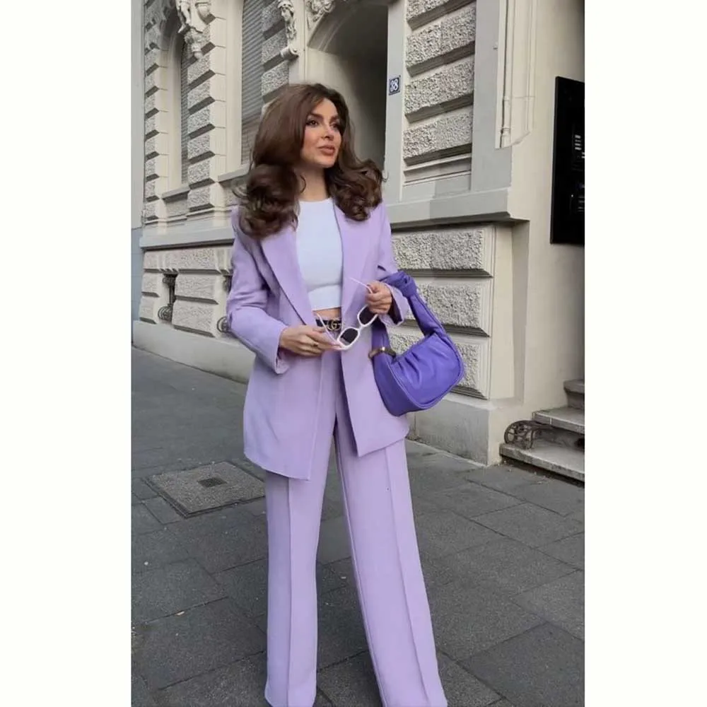 Fashion Chic Light Purple Suits for Women 2 Piece Jacket Pants Female Clothing Smart Elegant Office Lady Tailor Women's Sets