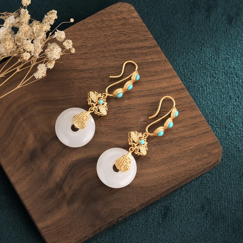 

Chinese Classical Style Copper Gold-plated Inlaid with Chalcedony Turquoise Women's Earrings Retro and Elegant Jewelry