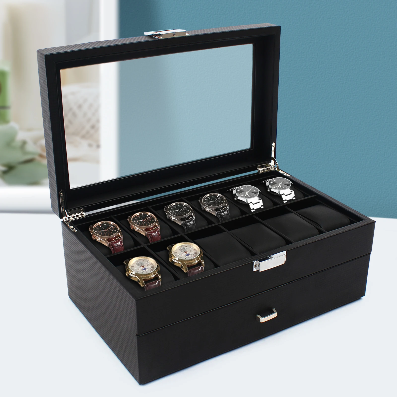 2 Layers 24 Compartments Watch Box Mens Case Glass Top Display Gift Organizer Lockable Black