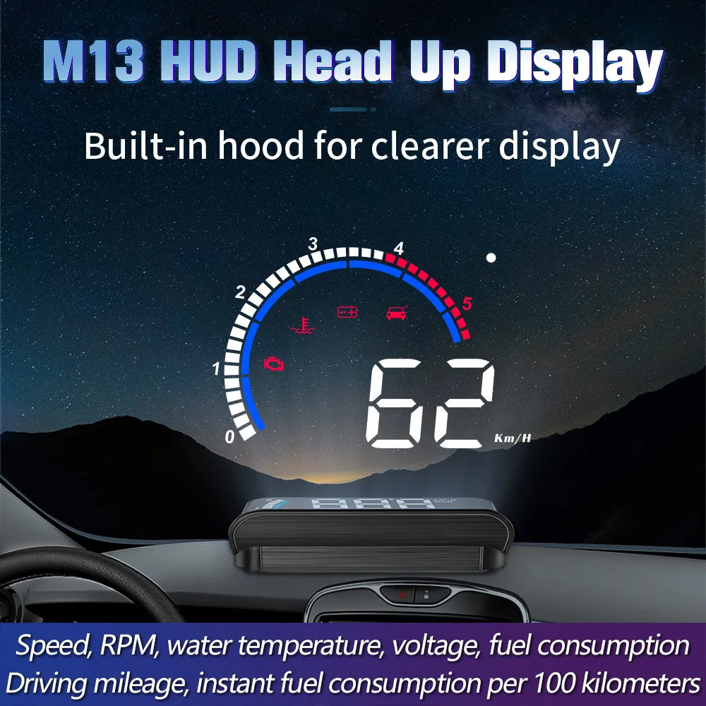M13 Car OBD Speed Projector for HUD Portable LCD Head Up Display Water Temp KMH MPH RPM Overspeed Alarm OBD2 onboard computer