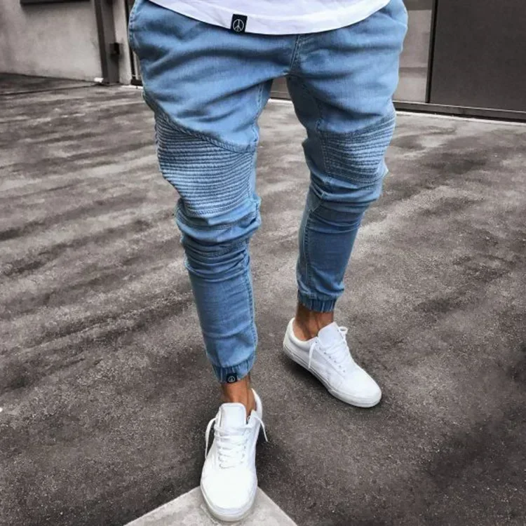 

Men Jeans Mid Waist Solid Pencil Pants Denim Sheath Pockets Slim Fit Ankle Length Spring Slight Strech Casual Solid Color pant