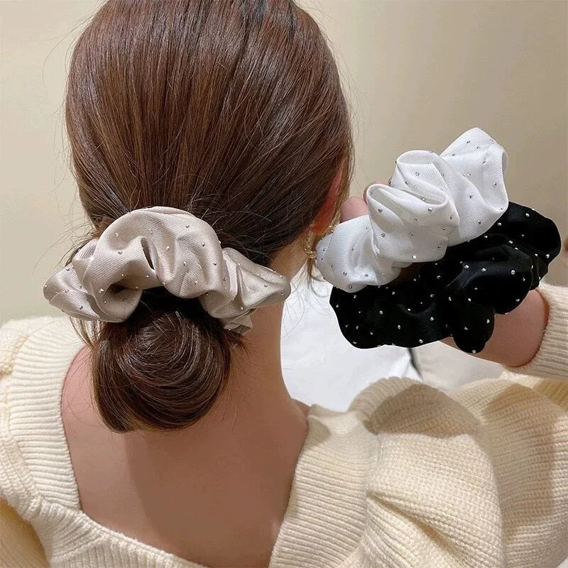 

Elegant Retro Shiny Starry Dots Hair Scrunchies Satin Silk Hair Bands Women Rhinestone Satin Hair Rope Solid Color Rubber Bands