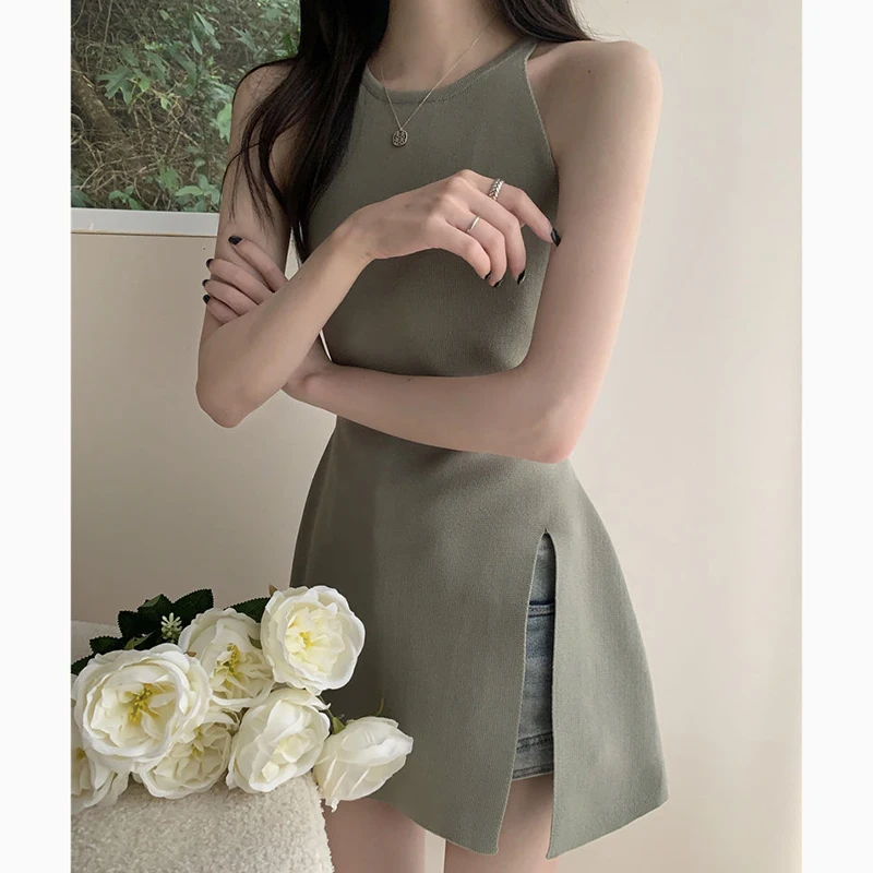 Y2K Women Knitted Shirt Korean Slim Spaghetti Strap Slit Female Blouse Summer New Fashion All Match Sleeveless Ladies Tops