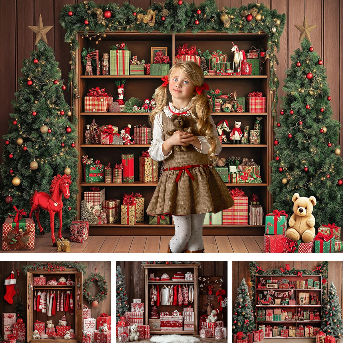 

Christmas Storage Shelves Backdrop Cake Smash Kids Photography Props Santa Claus Red Clothe Closet Gifts Photo Backgrounds