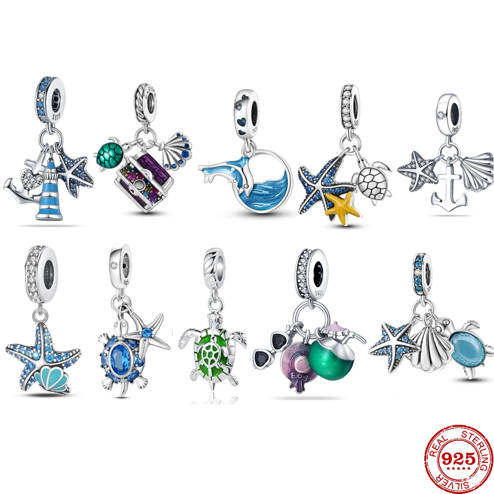 New 925 Sterling Silver Sea Series Turtle Starfish Lighthouse Dolphin Charm Pendant Bead fit Original Pandora Bracelet Trinket