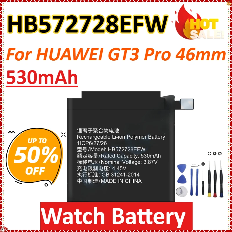 

Новый HB572728EFW 530 мАч для HUAWEI GT3 Pro 46 мм, недавно обновленный перезаряжаемый сменный аккумулятор для часов большой емкости + инструменты