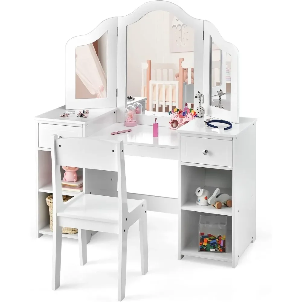 Kids Vanity, 2 in 1 Princess Makeup Desk & Chair Set with Tri-Folding Detachable Mirror, Large Storage Shelves, Wooden