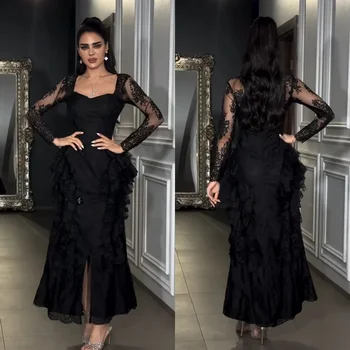 Vestidos midi personalizados com pregas de renda, sereia de Natal, pescoço quadrado, sob medida