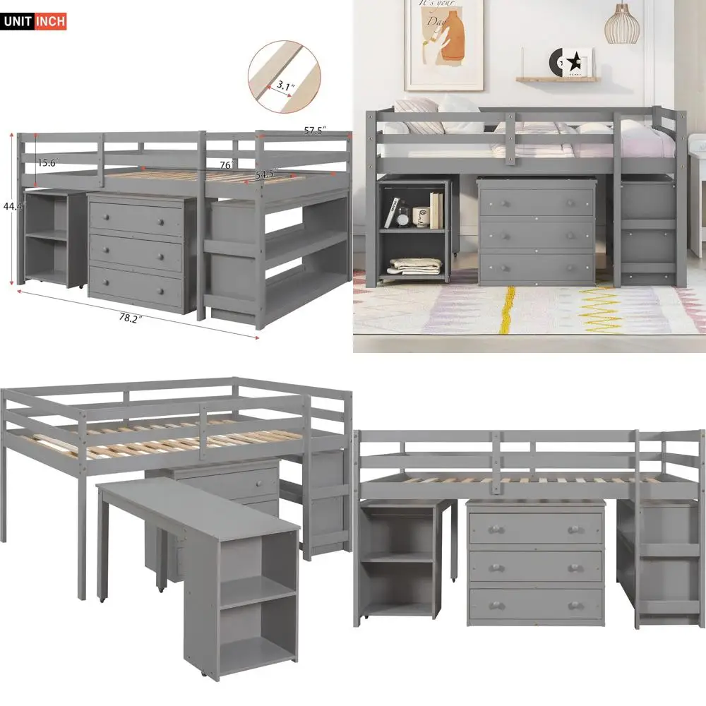 

Full-Size Solid Wood Low Loft Bed with Ladder, Storage Cabinet and Desk, Gray