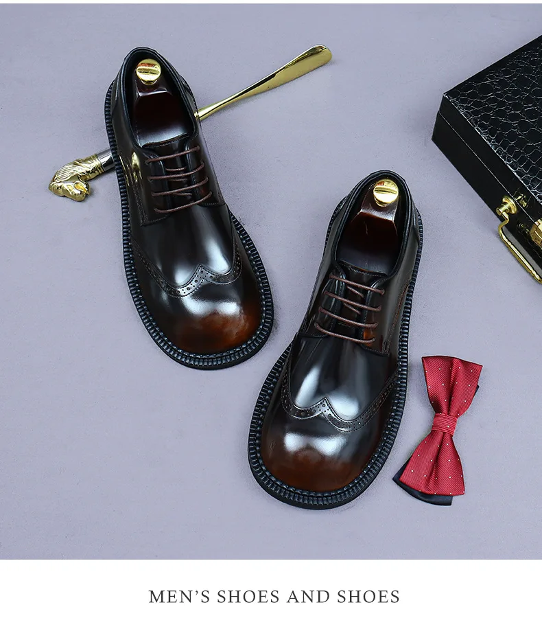 Zapatos Brogue Retro para Hombre, de Cuero Genuino de Lujo, Punta Redonda, Hechos a Mano, Planos, Color Marrón y Negro, para Bodas y Eventos Sociales