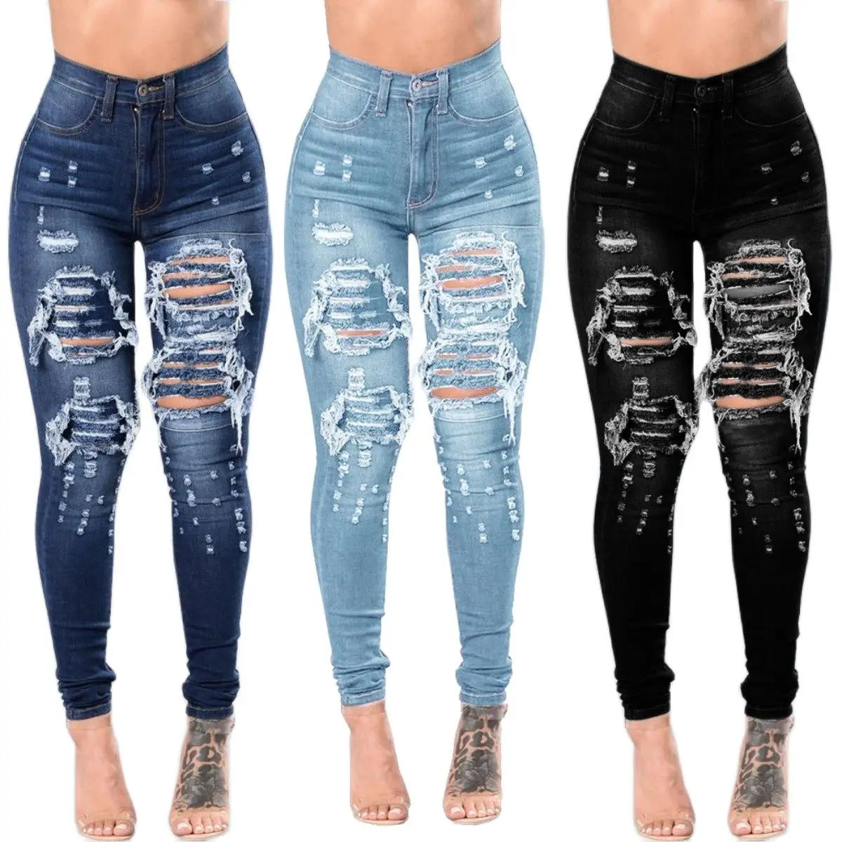 2022 New Women's High Waist Ripped Jeans Fashion Elastic Slim Hip Lift Denim Pencil Pants Casual Female Trousers S-3XL Drop Ship