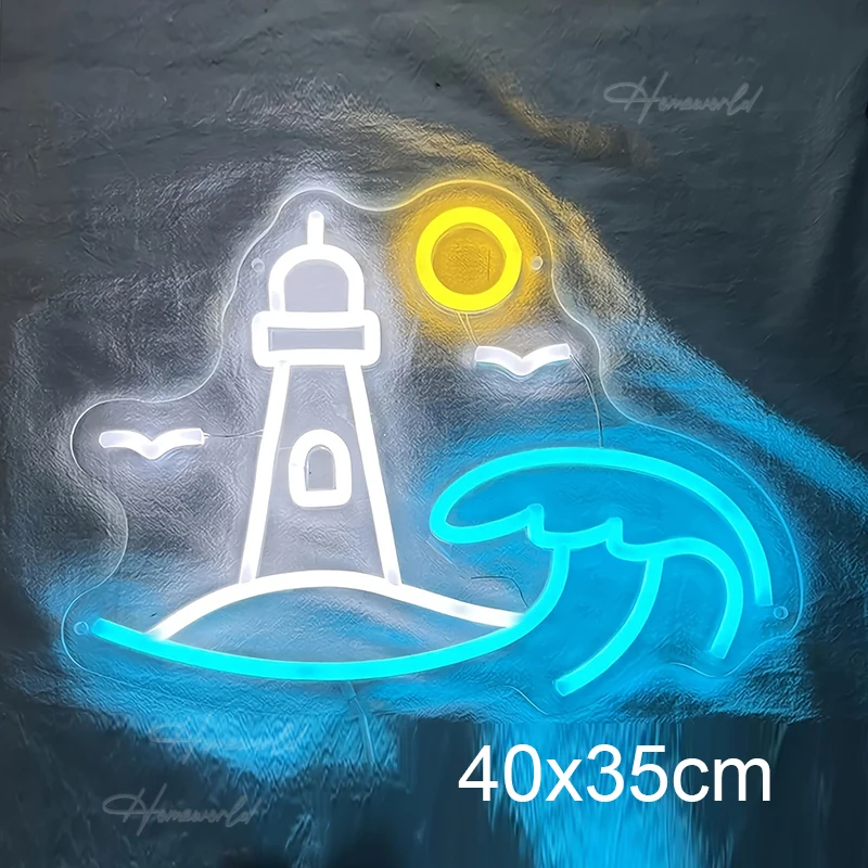 Sea Lighthouse LED Neon Sign Custom Surf Beach  Sand Beach Palms Sun Mountain Neon Signs Decor Kids Room Party Ocean Theme Gift