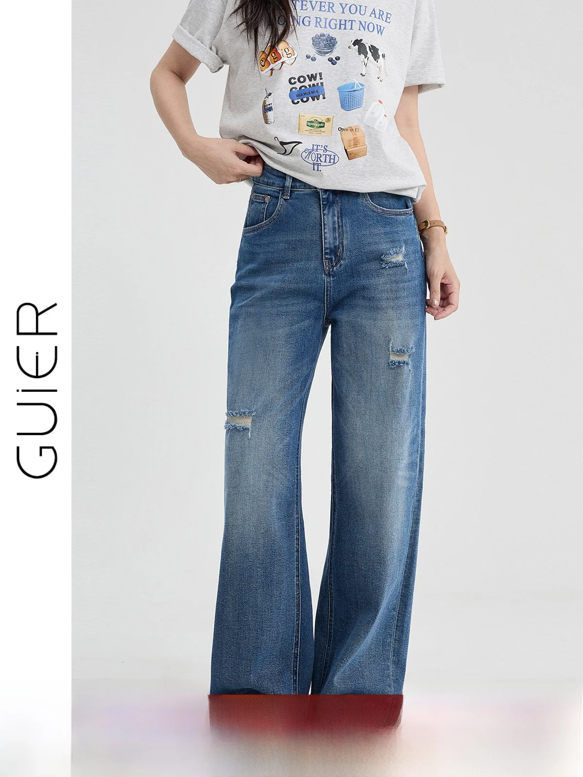 

High Waist Straight Leg Jeans Women's Summer Loose Wide Leg Jeans Versatile Hole Design Slimming Effect Classic Blue Color