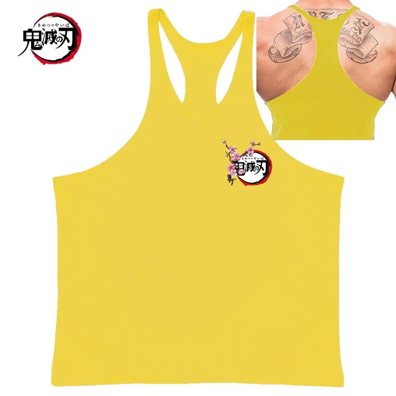 Koszulka bez rękawów Demon Slayer z nadrukiem logo Cherry Blossom - męska kamizelka do kulturystyki, bawełniana i oddychająca, z dekoltem Y-back