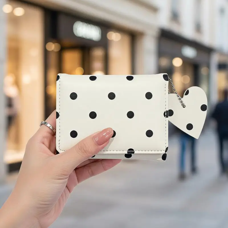 Polka Dot PU Leather Mini Wallet Lovely Heart Pendant Slim Pocket Size Card Holder for Women Casual Outdoor Activities