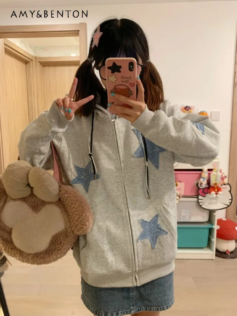 

Japanese Original American Retro Autumn and Winter Thickened Cardigan Hot Diamond Star Loose Hooded Casual Versatile Coat Women