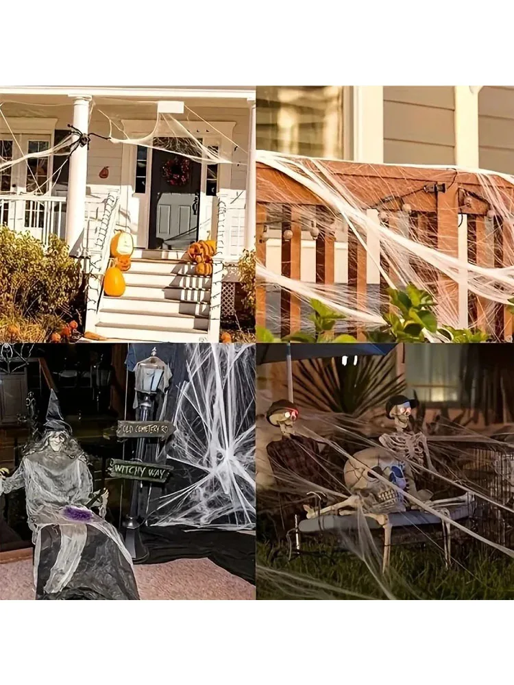 Elastyczne pajęczyny z 2 pająkami w każdym, dekoracje na Halloween, pajęczyny na imprezy, do nawiedzonych domów, dekoracje do pokoju i domu. — 2