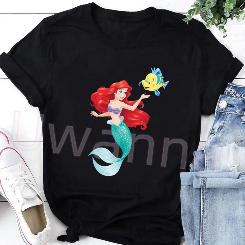 Cartoon Ariel Princess Women T-shirt Girl Print The Little Mermaid Cute Graphic Top Ladies Shirt Female Vintage Summer Clothes