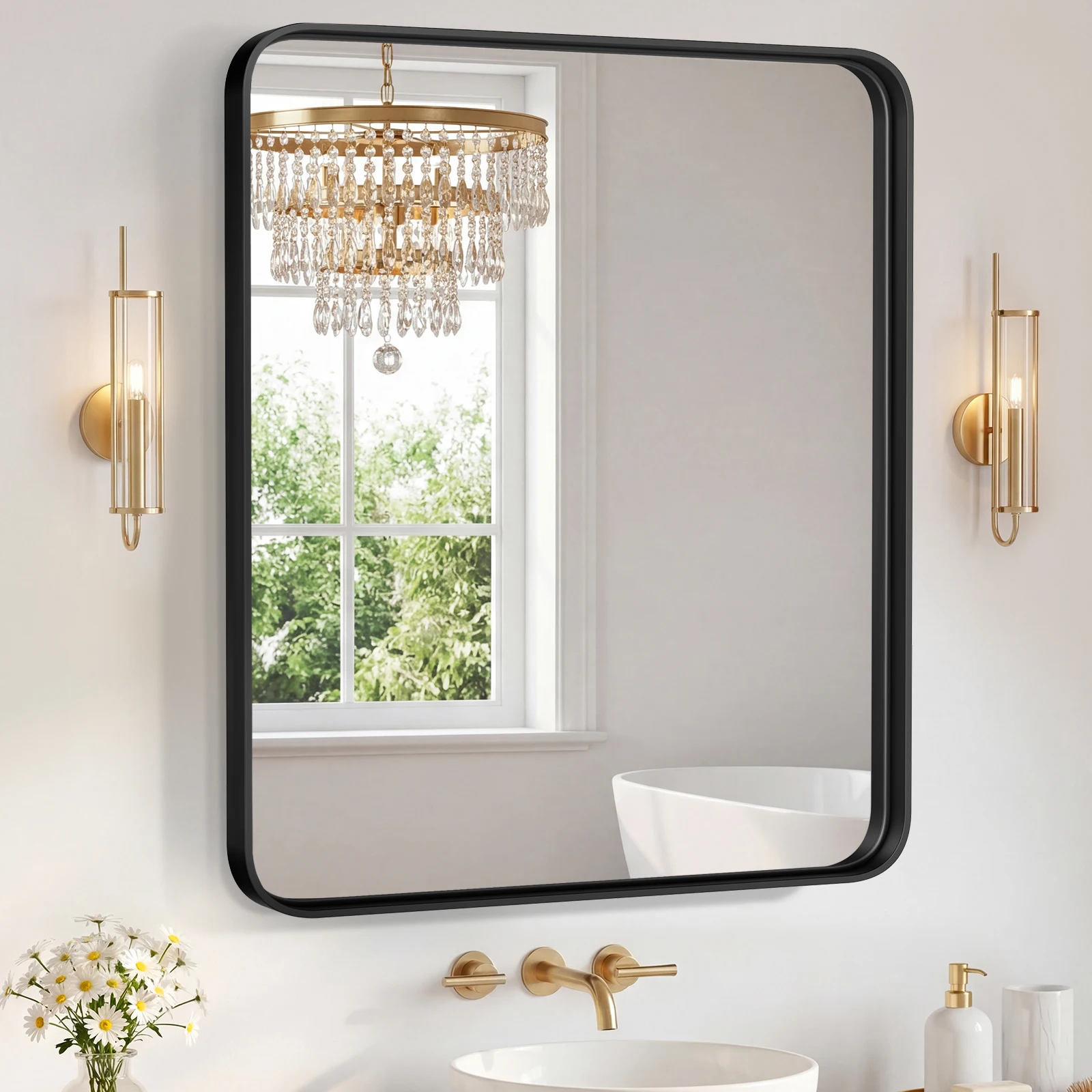 

Bathroom Mirror 35.83X39.76 Inch Black Metal Frame Rectangle Vanity Mirror with Rounded Corners, Modern Wall Mounted Anti-Rust Mirror for Farmhouse, Restroom, Entryway, Horizontal or Vertical Hanging