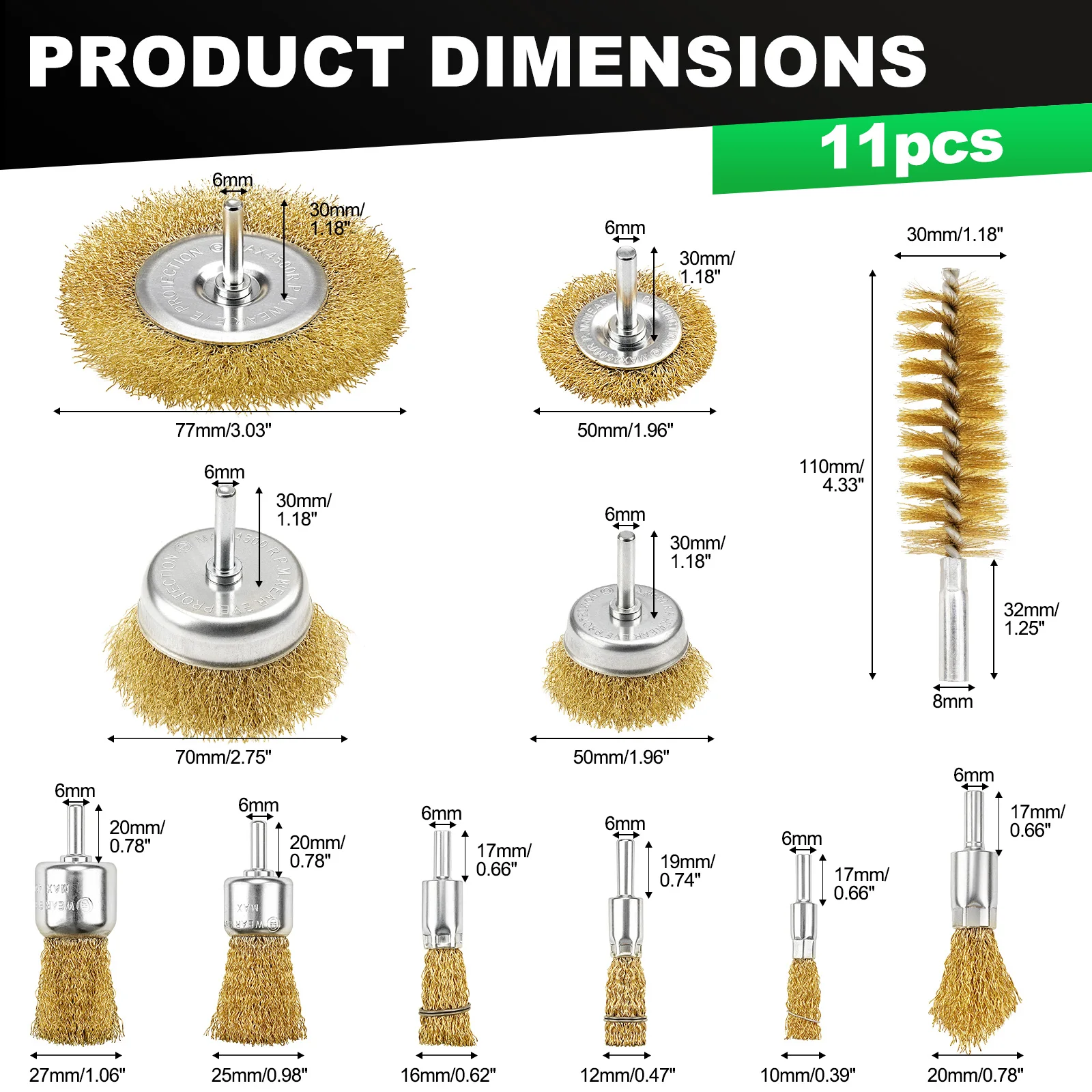 Brass-Coated Steel Wire Brush Drill Attachment Kit - 11Pcs Mixed Types Cup Wheel End Bore Brushes for Removing Rust Cleaning